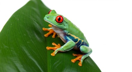 Fototapeta premium Vibrant arboreal frog perched on a large green leaf.