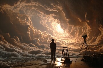 Fototapeta premium Dramatic Cloudscape Man Silhouetted Against Golden Sunset Film Set