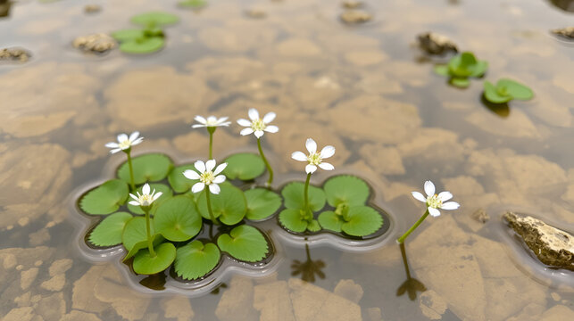 White flowers of Ranunculus trichophyllus, Threadleaf crowfoot, growing in a mountain lake