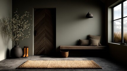 Interior design of a modern entryway with muted tones.