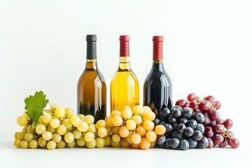 Obraz premium Wine Bottles and Fresh Grapes Variety on a White Background for Elegant Display