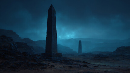 Mysterious Ancient Obelisks in a Dark Landscape