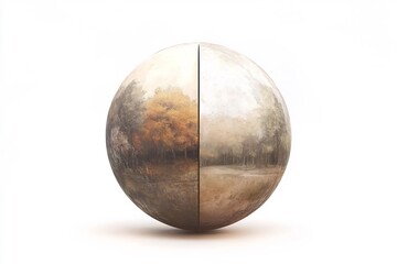 Simple sphere splitting into alternate timelines modern 3D style over white backdrop multiverse visual concept