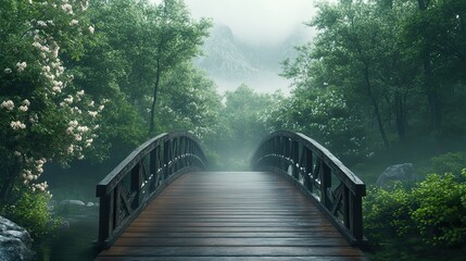 Fototapeta premium Enchanted woods with a metal and wooden bridge leading into a magical, tranquil setting.