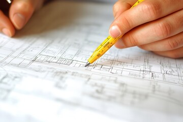 Close-up of hands holding a yellow pencil, sketching architectural plans on paper