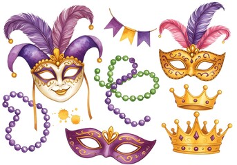 Watercolor illustration of mardi gras masks crowns and beads on a white background celebration design