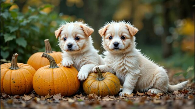 Cute twin puppies sitting on pumpkins in cozy autumn setup. 