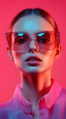 Stylish woman wearing trendy sunglasses in vibrant lighting.