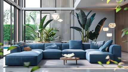 A luxurious modular sofa in shades of blue graces a modern living room filled with natural light.