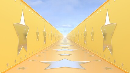 Endless Gold Hallway Corridor And Reflective Shiny Star Shape Mirrors - Abstract Background Texture