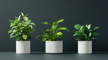 Fototapeta premium Minimalist Arrangement of Three Potted Plants Against Dark Gray Background