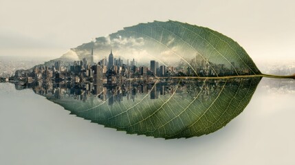 Urban Landscape Merged with Nature Showing New York City Skyline Inside a Leaf with Subtle Reflections on Water and Soft Color Palette