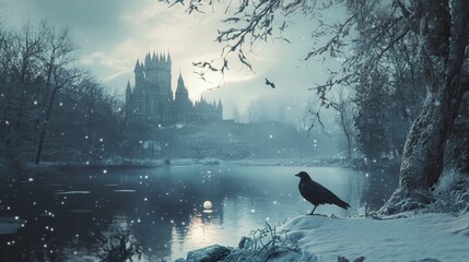 A lonely raven stands by a snowy river, enchanted by an ancient castle in the backdrop. A wintry scene full of mystery and beauty.