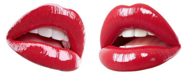 Glossy red lips with tongue and teeth, PNG