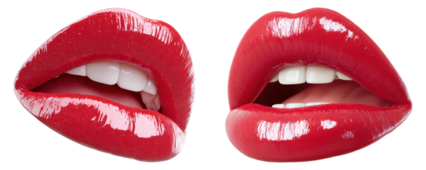 Glossy red lips with tongue and teeth, PNG