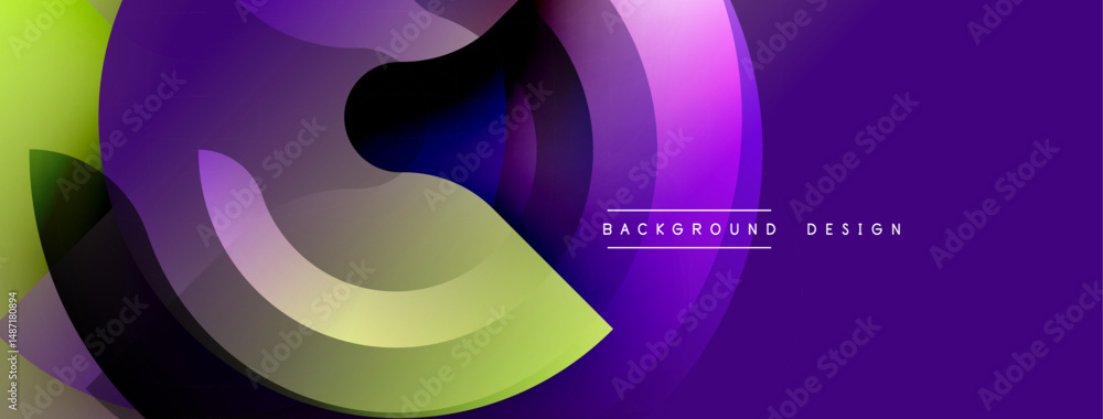 Poster Abstract dynamic layers, vibrant colors blend. Modern design, smooth gradients create flowing shapes. Purple, green hues dominate composition.