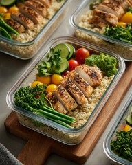 Neatly organized meal prep containers filled with high-protein meals, grilled chicken, quinoa, vegetables, overhead view, clean and minimal kitchen counter