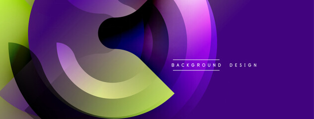 Abstract dynamic layers, vibrant colors blend. Modern design, smooth gradients create flowing shapes. Purple, green hues dominate composition.