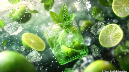 A vibrant splash of water featuring sliced limes,