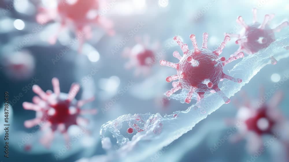 Poster coronavirus particles, consistent with visualizations of the covid-19 virus, interacting with a cell
