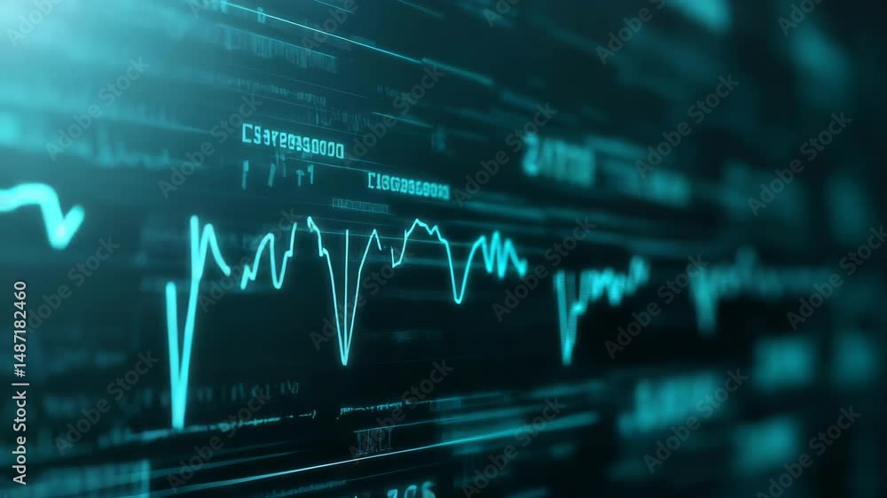 Poster digital stock market chart with data graphs and financial indicators on a blue technology background