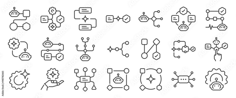 Poster ai automation workflow icon set. it includes chart, flow, funnel, process, smart, and more icons. ed