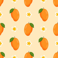 Vector seamless pattern with mango fruits. Summer tropical fruits on a white background.