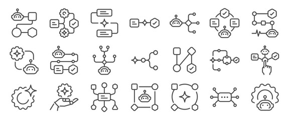 AI automation workflow icon set. It includes chart, flow, funnel, process, smart, and more icons. Editable Vector Stroke.