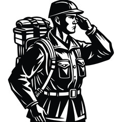 Saluting Soldier with Backpack Military Vector Illustration