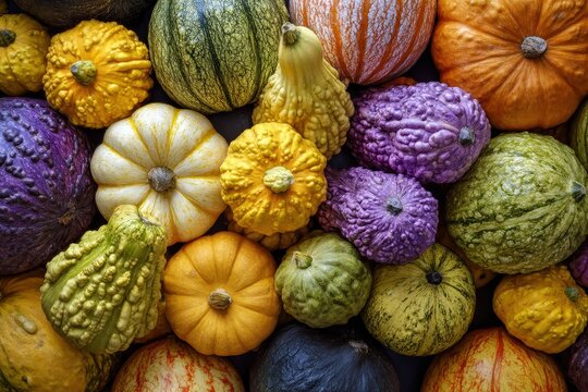 Colorful assortment of decorative gourds and pumpkins.