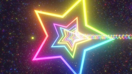 Fly Through Rainbow Neon Star Shape Space Portal Ring At Light Speed - Abstract Background Texture