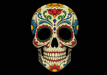 A colorful sugar skull with floral designs on a black background for day of the dead celebration art