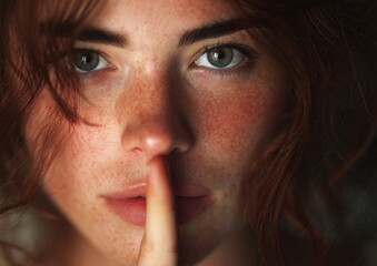 Naklejka premium Young woman with red hair and freckles gestures for silence.