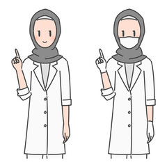 イラスト素材:ヒジャブを着用した、説明する白衣の女性医師(ムスリム・イスラム教徒/素顔・マスク)