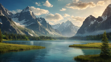 Fototapeta premium Collage of beautiful landscape with mountains forest and river in summer