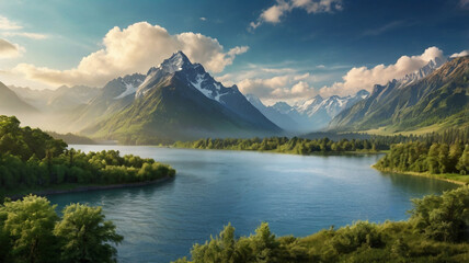 Collage of beautiful landscape with mountains  forest and river in summer