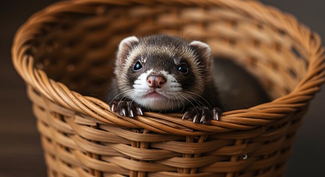 Adorable ferret portrait in a woven basket perfect pet photography cute animal pictures small mammal images - Powered by Adobe