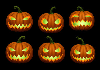 Six jack o'lanterns with glowing green eyes and mouths on a black background in a halloween arrangement