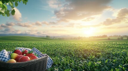 Fresh Harvest in Basket Under Bright Sky at Sunrise Over Field