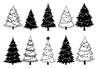 Fototapeta premium Ten christmas trees in black and white with varying designs and decorations on a white background