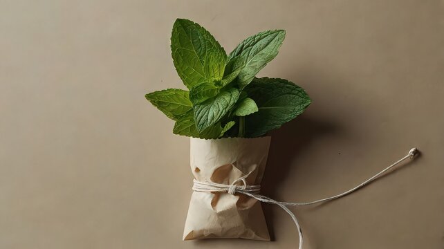 Fresh mint leaves in a paper bag tied with string on a beige background studio shot top down view
