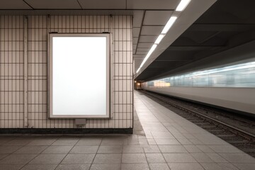 Vertical blank billboard on tiled subway wall. Features motion blur of a high-speed train. Great for underground advertising and poster design showcases.