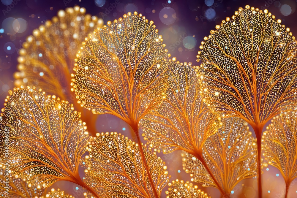 Poster glowing golden leaf structures with sparkling bokeh background