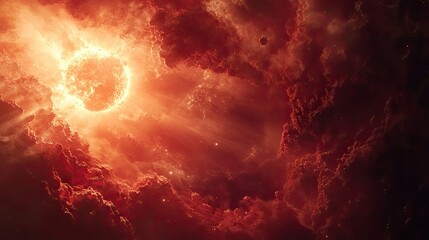 Dramatic sunset sky filled with billowing clouds illuminated in vibrant shades of orange,