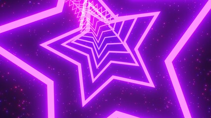 Flying Through Spiraling Rotating Tunnel Of Neon Glowing Star Shapes - Abstract Background Texture