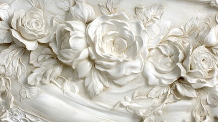 Ornate white relief carvings of roses and leaves.