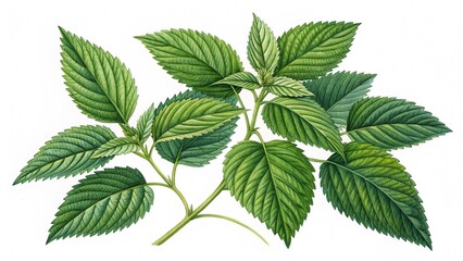 Green Leaves Illustration: A detailed and intricate illustration of fresh green leaves, capturing the intricate details and vibrant hues of nature's foliage. Ideal for botanical, nature.