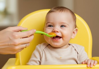 A joyful baby in a high chair is happily fed with a spoon of delicious, healthy baby food.