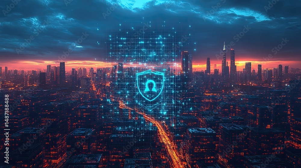 Poster factory operations protected by digital shield at dusk, representing cybersecurity in industrial set
