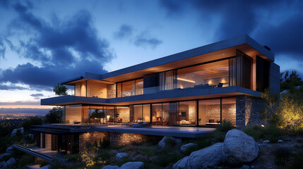 Obraz premium Luxurious residences exterior illuminated in the evening, Rendered contemporary house with clean lines, The graceful facade of a luxury home glowing in the evening light.